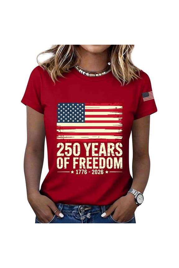 Womens Festival Shirts Crew Neck Short Sleeve Vintage American Flag Short Sleeve Patriotic Independence Day Tops Red,XL