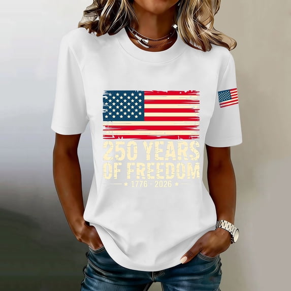 Only Moment Womens Festival Shirts Crew Neck Short Sleeve Vintage American Flag Short Sleeve Patriotic Independence Day Tops White,S