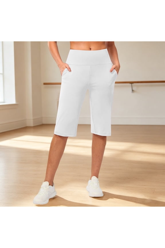 Womens Knee Length Shorts Polyester,Spandex Ankle Pants Athletic Sweatpants Dress Business Slacks with 4 Pockets Yoga Shorts White,3XL