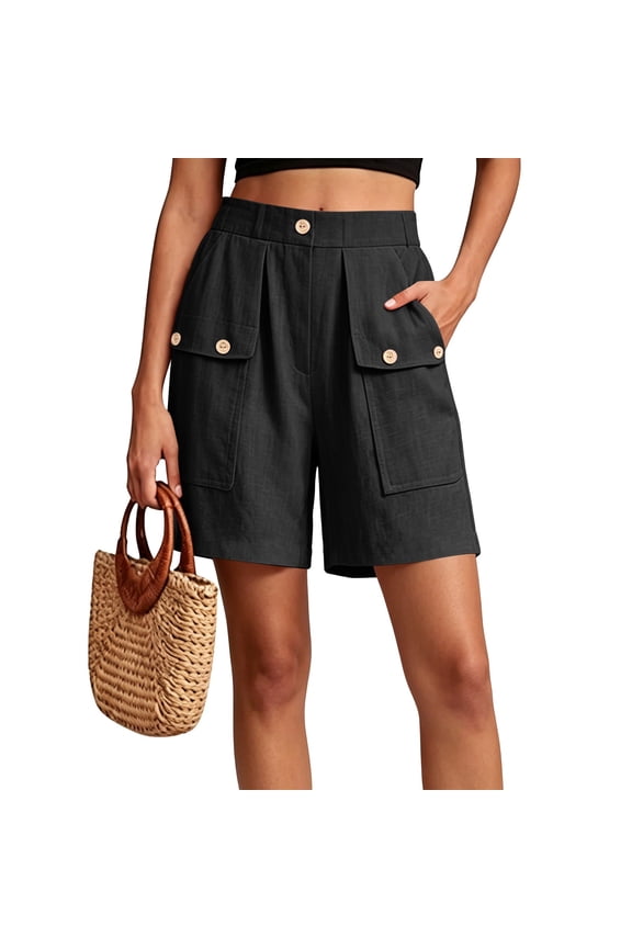 Womens Lightweight Shorts Amboo Hemp with Pockets High Waisted Stretch Shorts for Women Summer Walking Biker Shorts Black,M