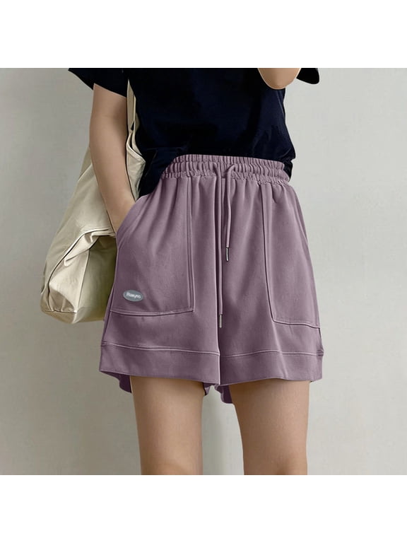 Womens Shorts Cotton Summer Casual Elastic High Waisted Wide Leg Cute Dressy 2026 Vacation Beach Clothes Womens Running Shorts Purple,XL