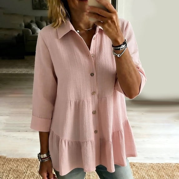 Only Moment Womens Summer Tops 3/4 Sleeve V Neck Blended Fabric Loose Fit Long Sleeve Collared Blouse Casual V Neck Tops Outfits Pink,L