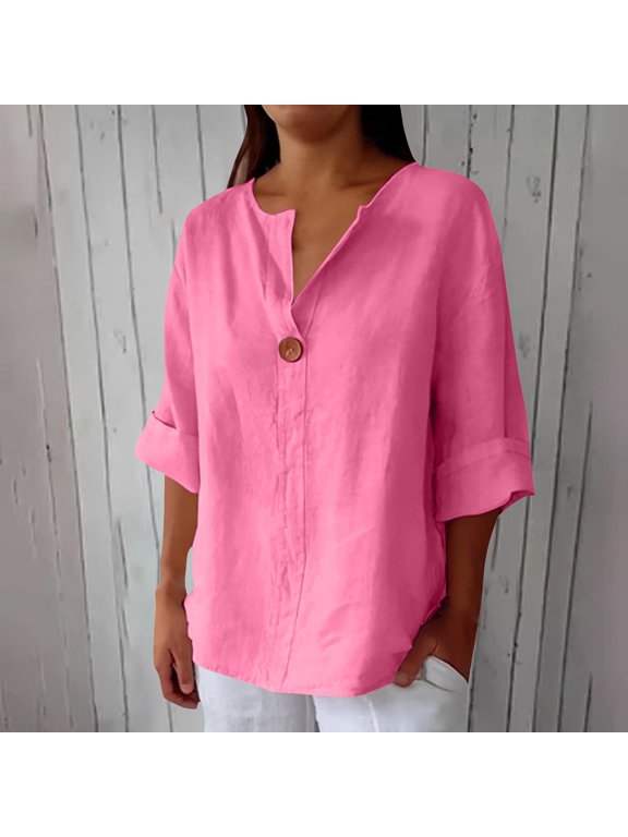 Womens Summer Tops 3/4 Sleeve V Neck Cotton and Linen Spring Summer Shirts Beach Vacation Clothes Pink,M