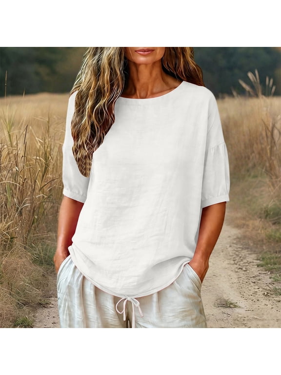 Womens Summer Tops Crew Neck Short Sleeve Shirts Crew Neck Tshirt Cute Trendy Tunic Blouses Tees for Women White,M