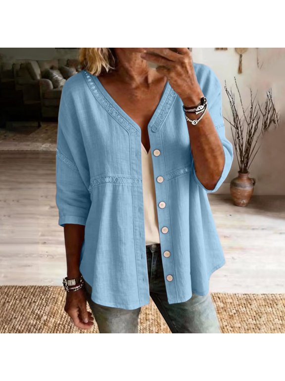 Womens Summer Tops Short Sleeve V Neck Cotton Loose Roll Up Collared Shirt Casual Summer Tops with Pockets Womens Tops Sky Blue,XL
