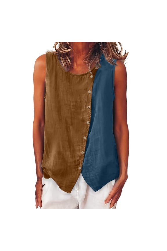 Womens Tank Top Linen Casual Crewneck Strap Lace Camisole Shirts Brown L