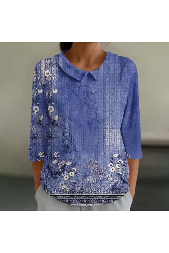 Womens Tops 3/4 Sleeve Crew Neck Knit Blouses Business Casual Tops Zip Front V Neck Work Shirts Loose Fit Tunic Tops Blue,S