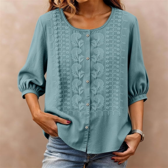 Only Moment Womens Tops 3/4 Sleeve Crew Neck Slub Linen with Button Cuffs Dressy Casual Summer Outfits Early Fall Fashion Spring Clothes Blue,L