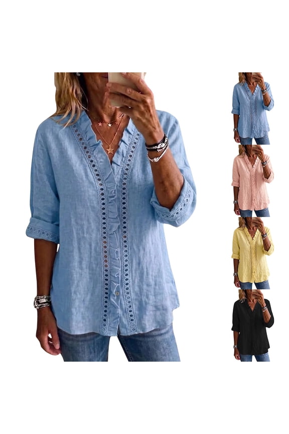 Womens Tops 3/4 Sleeve V Neck Cotton and Linen Spring Fall Casual Button Up Crop Blouses Sexy Lapel Tops with Pocket Blue,S