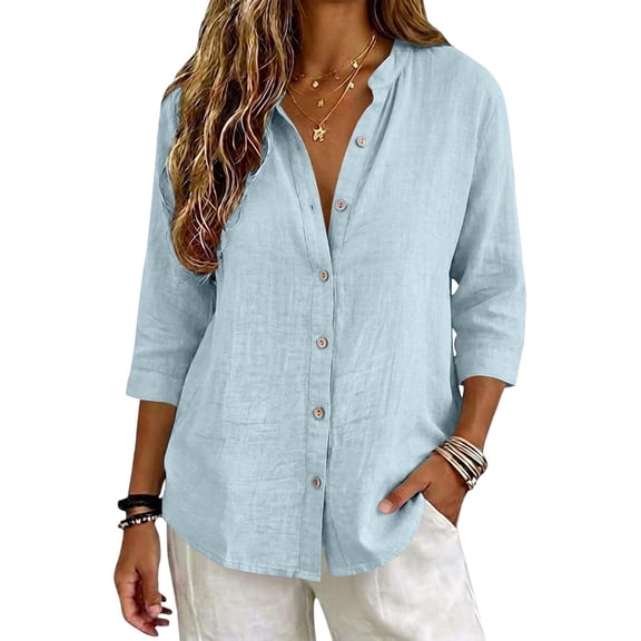 Only Moment Womens Tops 3/4 Sleeve V Neck Linen Casual Loose Long Sleeve Solid Lapel Long Blouses Tops with Pockets Light Blue,M
