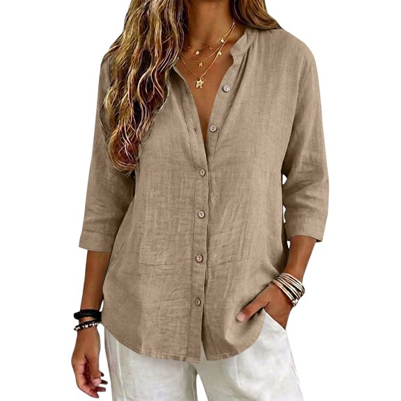 Only Moment Womens Tops 3/4 Sleeve V Neck Linen with Button Cuffs Dressy Casual Summer Outfits Early Fall Fashion Spring Clothes Khaki,S