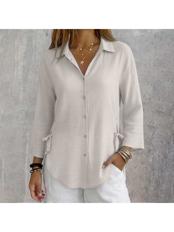 Womens Tops Long Sleeve V Neck Bamboo Nodes Cotton Blouses Business Casual Outfits Loose Fit Khaki,S