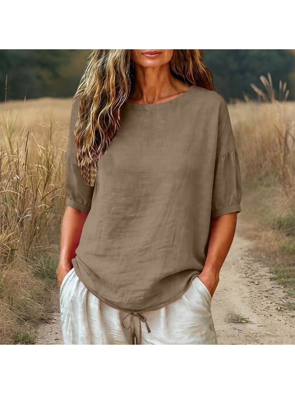 Womens Tops Short Crew Neck Short Sleeve Shirts Cute Trendy Tunic Blouses Fashionably Late Mom Brown,2XL