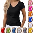 thumbnail image 1 of Only Moment Womens Tops Short V Neck Ribbed Slim Fitted Tee Summer Work Tops 2026 Spring Vacation Clothes Tee Shirts Womens Black,L, 1 of 5