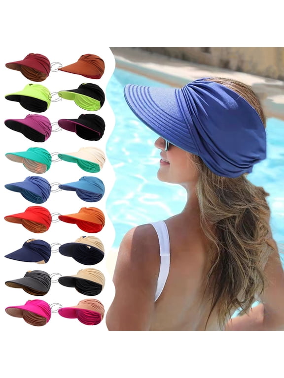 Yellow Wide Brim Visor Hats for Women Polyester Wide Brim UV Protection Sun Hat Summer Beach Packable Visor One Size