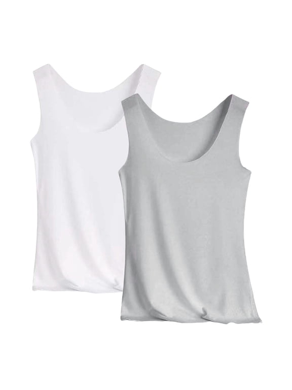 off White Tank Tops for Women Polyester,Spandex Fitting Scoop Neck Ribbed Knit Basic Cami Shirts L