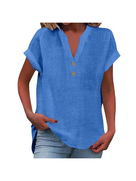 T-shirt Ladies' Fashion Casual V Neck Button Short Sleeve T Shirt