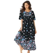 Only Necessities Women's Plus Size Bib Front Lounger House Dress, Nightgown - 1X, Black Blossoms