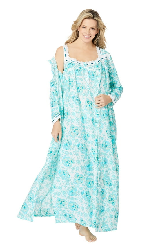 Plus Size Long 2-Piece Cabbage-Rose Peignoir Set