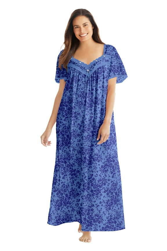 Plus Size Long Silky Lace-Trim Gown