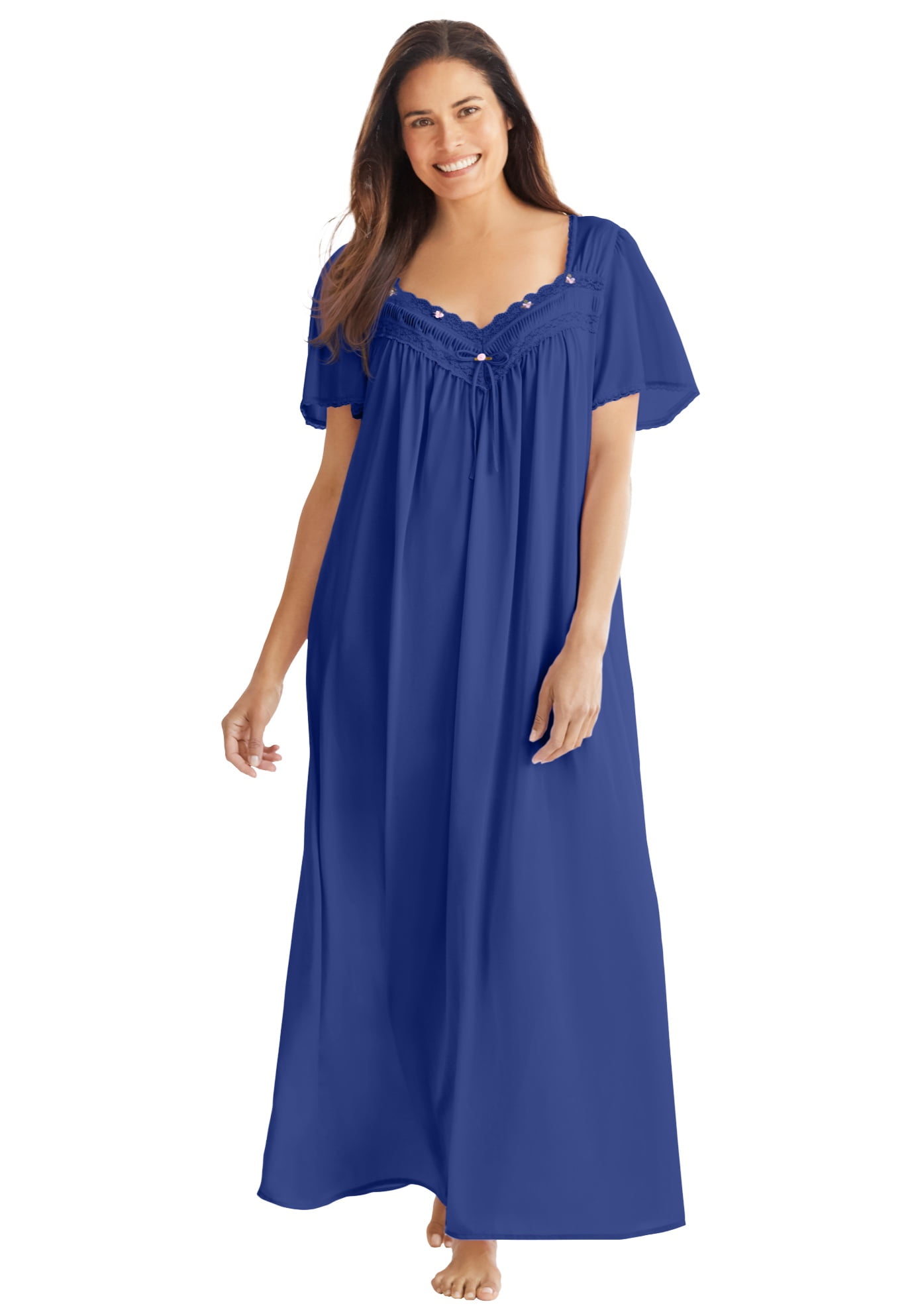 Women's Plus Size Long Silky Nightgown – Lace-Trim Gown, 3X Black (52" Length) - View #3