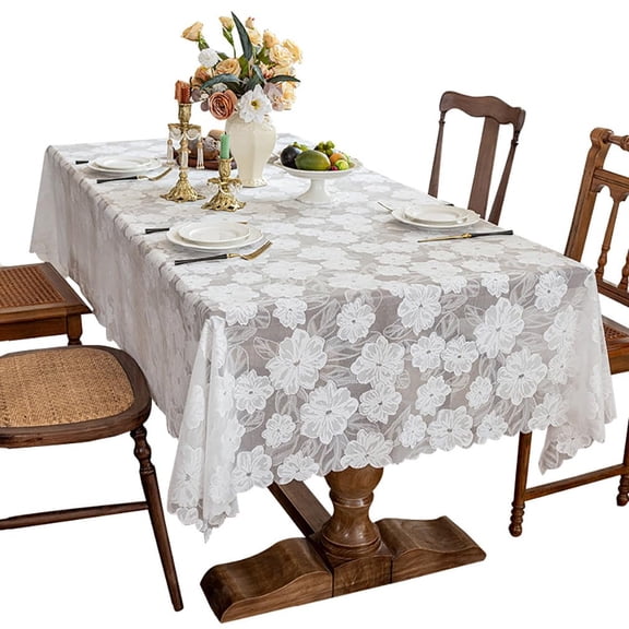 Only With You White Lace Tablecloth,140*200cm Rectangular Floral Embroidery Overlay Tea Tablecloth or Dining Party Wedding Table Cover for 4-8 Guests