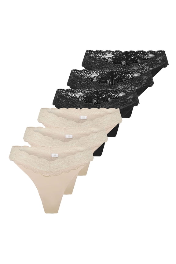 Women's Thongs, 6-Pack - Onlchloe Lace Thong, Lace Black/Beige Xs (X-Small)