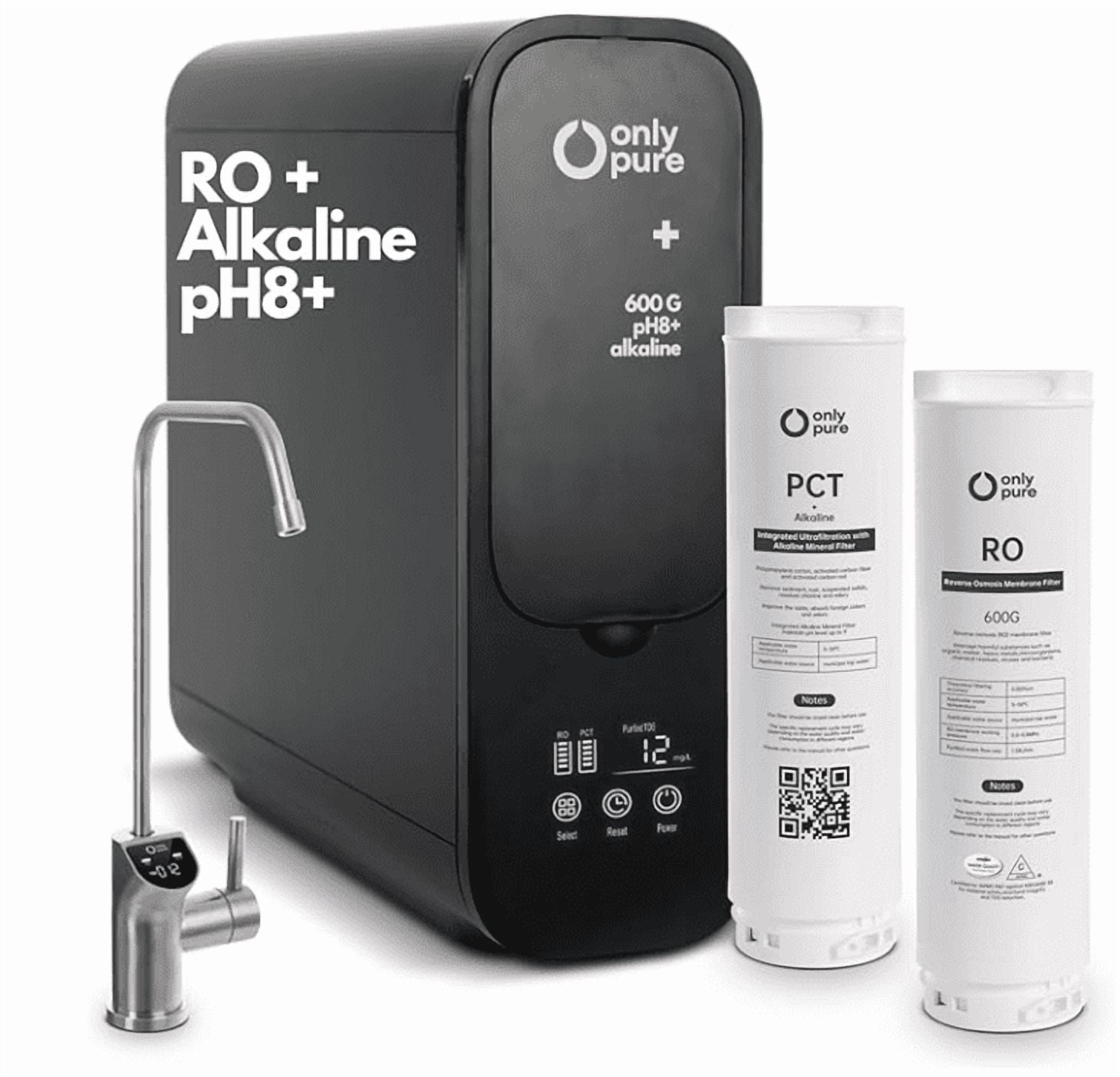 OnlyPure Reverse Osmosis System with Alkaline, 600 GPD, Fast Flow, NSF/ANSI 58 & NSF/ANSI/CAN 372 Certified, 2:1 Pure to Drain, Tankless Under Sink RO Water Filter System, Smart Faucet