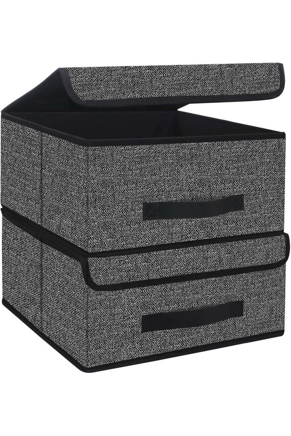 Foldable Storage Bins Cubes Boxes with Lid - Storage Box Cube Cubby Basket Closet Organizer of Two with Leather Handles for Closet , 13"x13", Black, 8MXALB2P