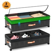 ZOWWKLLY Under Bed Storage with Wheels,2-pack Underbed Storage Containers with Clear Lids,Rolling Under the Bed Storage Organizer Bins, Metal Drawer for Clothes,Shoes,BlanketsBlack