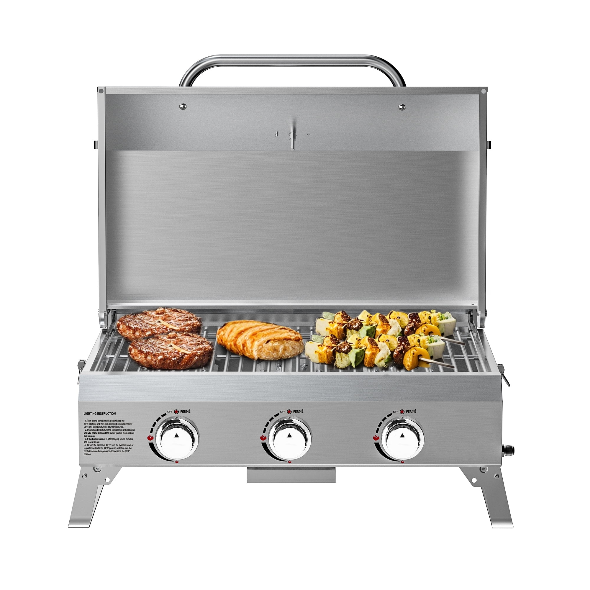 Hitechluxe 3-Burner Tabletop Propane Gas Grill, Portable with Foldable Legs