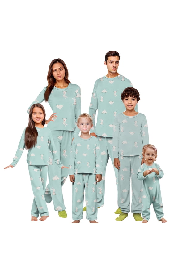 Easter Family Matching Pajamas Green Bunny Print Long Sleeve Tops and Pants 2 Piece Spring Holiday Sleepwear Set