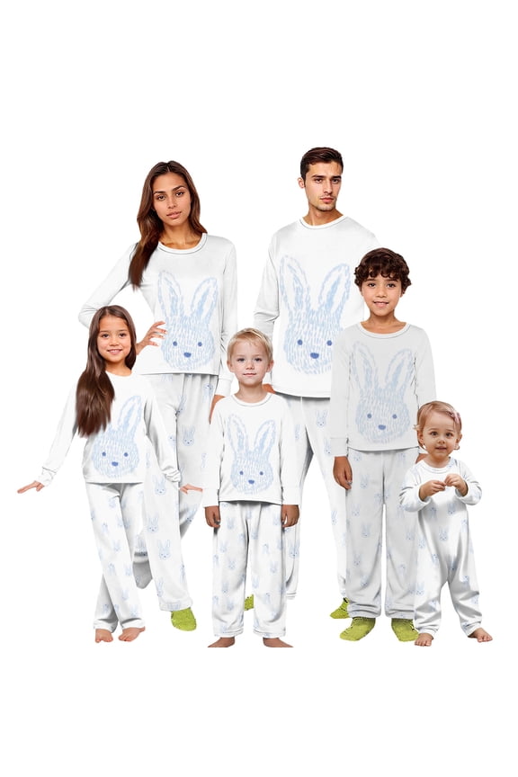 Easter Family Matching Pajamas Light Blue Bunny Graphic Long Sleeve Tops and Allover Rabbit Print Pants 2 Piece Spring Holiday Sleepwear Set