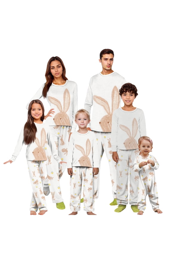 Easter Family Matching Pajamas Neutral Bunny Graphic Long Sleeve Tops and Allover Rabbit Print Pants 2 Piece Spring Holiday Lounge Set