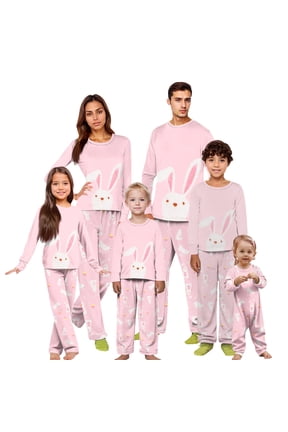 Easter Family Matching Pajamas Pink Bunny Graphic Long Sleeve Tops and Allover Rabbit Print Pants 2 Piece Spring Holiday Sleepwear Set