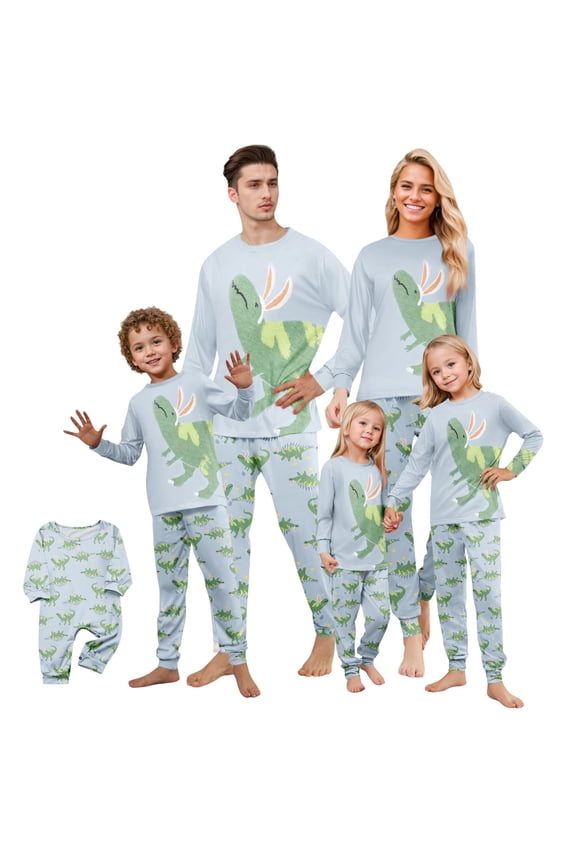 Easter Family Matching Pajamas Set Bunny-Eared Dinosaur Print – Soft Long Sleeve Sleepwear for Men and Women, Cozy Loungewear