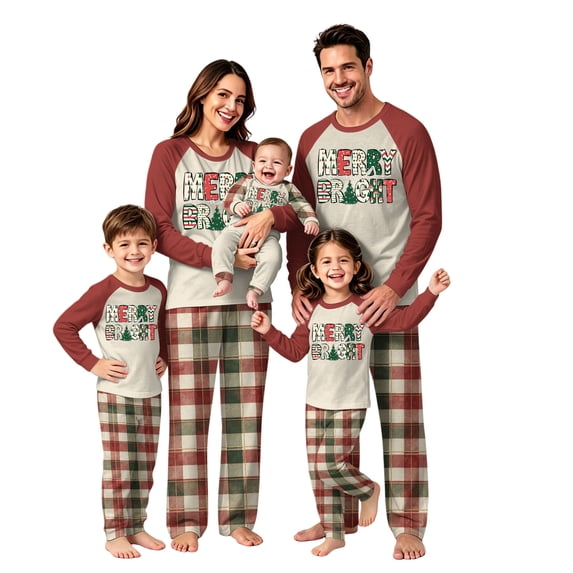 Onlypjs Family Christmas Pajamas Matching Sets, Burgundy Merry and Bright Raglan Shirt and Buffalo Plaid Pants Sleepwear for Couples, Men and Women