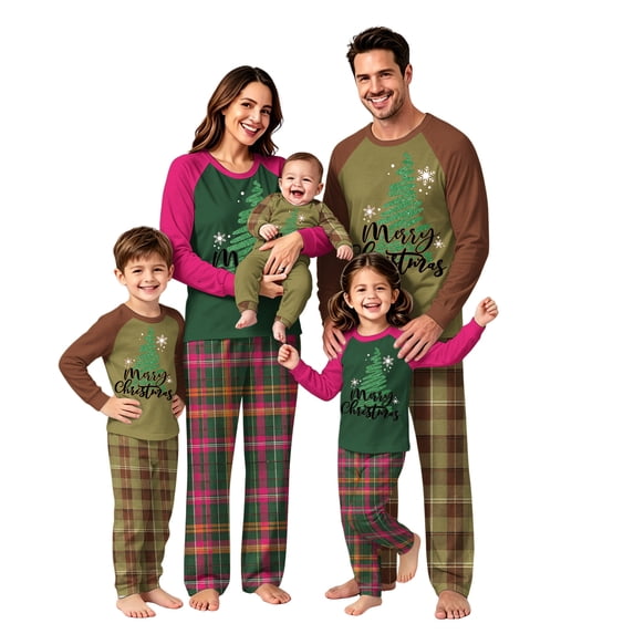 Onlypjs Family Christmas Pajamas Matching Sets Christmas Tree Graphic Raglan Tops Plaid Pants Holiday Sleepwear Loungewear for Couples, Men and Women