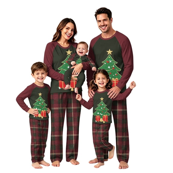 Onlypjs Family Christmas Pajamas Matching Sets, Christmas Tree Raglan Tops with Plaid Pants, Holiday Lounge Sets for Couples, Women and Men