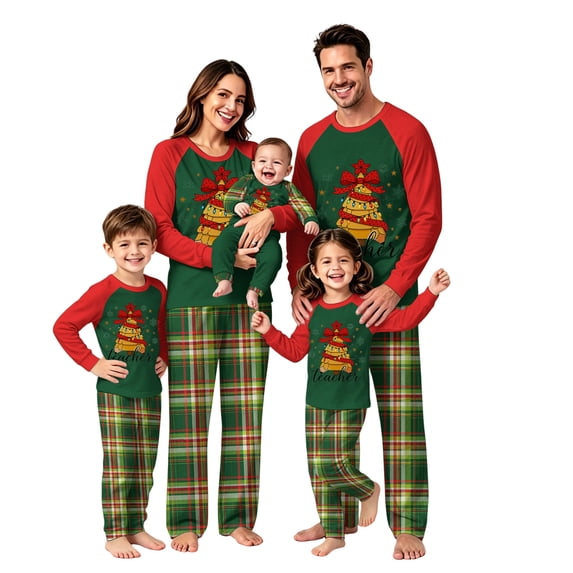 Onlypjs Family Christmas Pajamas Matching Sets Forest Green Teacher Tree Raglan Tops Tartan Plaid Pants Holiday Sleepwear for Couples, Men and Women