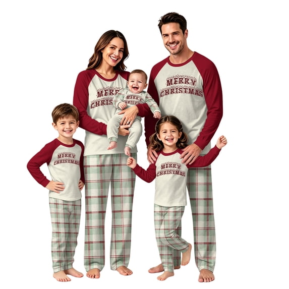 Onlypjs Family Christmas Pajamas Matching Sets, Merry Christmas Raglan Tops with Plaid Pants, Holiday Lounge Sets for Couples, Women and Men