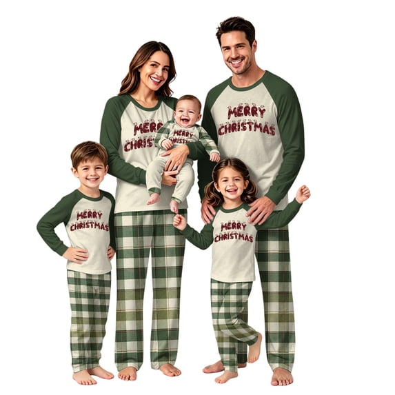 Onlypjs Family Christmas Pajamas Matching Sets, Merry Christmas Raglan Tops with Plaid Pants, Holiday Lounge Sets for Couples, Women and Men