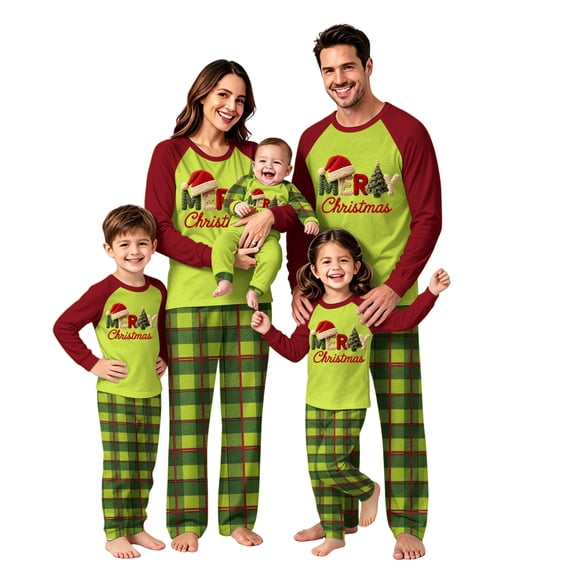 Onlypjs Family Christmas Pajamas Matching Sets, Merry Christmas Raglan Tops with Plaid Pants, Holiday Lounge Sets for Couples, Women and Men