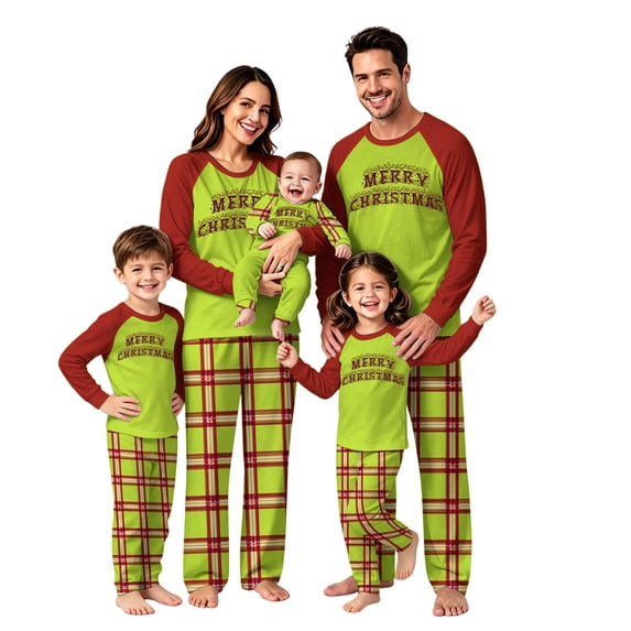 Onlypjs Family Christmas Pajamas Matching Sets, Merry Christmas Raglan Tops with Plaid Pants, Holiday Lounge Sets for Couples, Women and Men