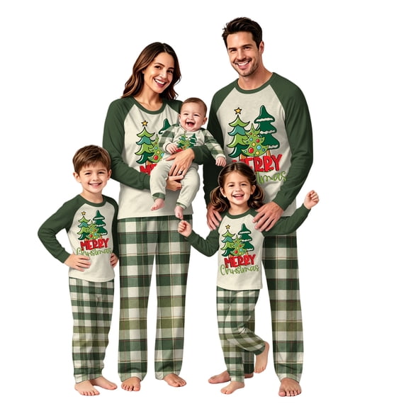Onlypjs Family Christmas Pajamas Matching Sets Pine Green Raglan Tops Plaid Pants Holiday Sleepwear Loungewear for Couples, Men and Women