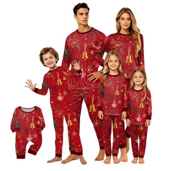 Onlypjs Family Christmas Pajamas Matching Sets, Red Bell Ornament Print Long Sleeve Sleepwear, Holiday Lounge Sets for Couples, Women and Men