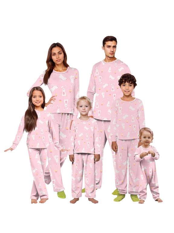 Family Easter Pajamas Matching Sets Pink Bunny Print Long Sleeve Tops and Pants 2 Piece Spring Holiday Sleepwear Set
