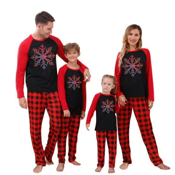 Onlypjs Family Matching Christmas Pajamas – Black Tops with Red Sleeves & Festive Holiday Prints, Black and Red Plaid Pants for Women, Men, Couples
