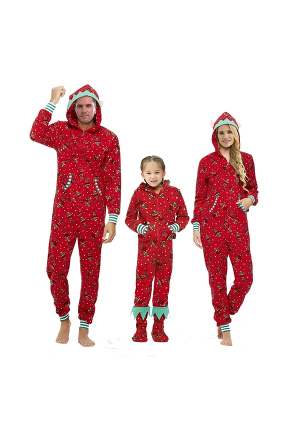 Family Matching Christmas Pajamas – Red Elf-Themed One-Piece Hooded Jumpsuit for Women, Men