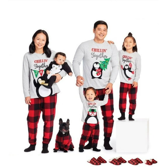 Onlypjs Family Matching Christmas Pajamas Set – "Chillin' Together" Penguin Print Holiday Sleepwear for Women, Men & Pet – Red Buffalo Plaid Pants